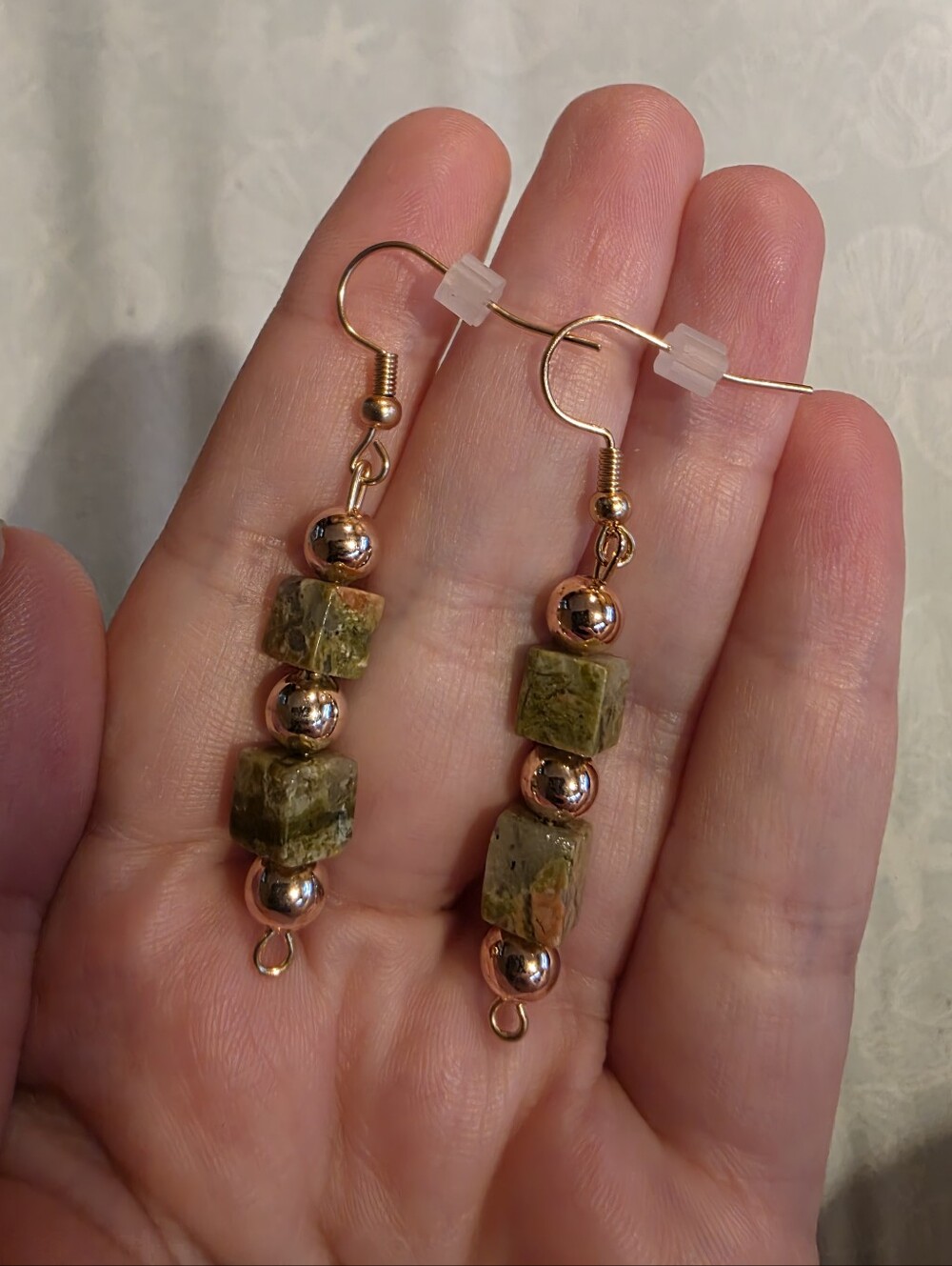 Handmade Unakite and Gold Bead Drop Earrings - Women Jewelry